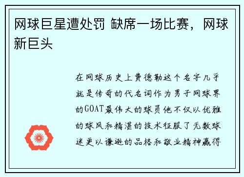 网球巨星遭处罚 缺席一场比赛，网球新巨头