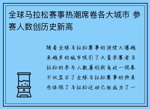 全球马拉松赛事热潮席卷各大城市 参赛人数创历史新高